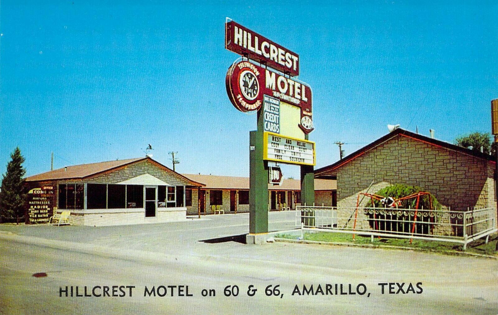 1959 Tx Amarillo Hillcrest Motel Great Sign Hwy Route 66  Postcard A66-1
