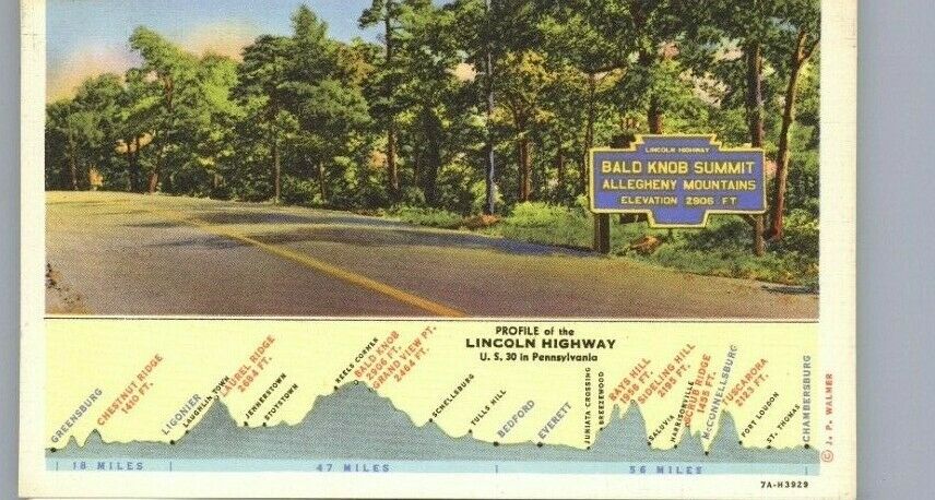 Lincoln Highway  Us Route 30 Linen Postcard #8 Bald Knob Pa W Profile
