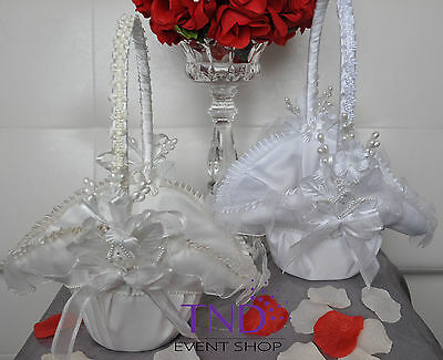Wedding Ceremony Satin Flower Girl Basket W/ Flower Designs & Pearls Rhinestones