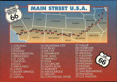 Route 66 Map ~ Main Street Usa ~ Cities Marked ~ Postcard Sku177