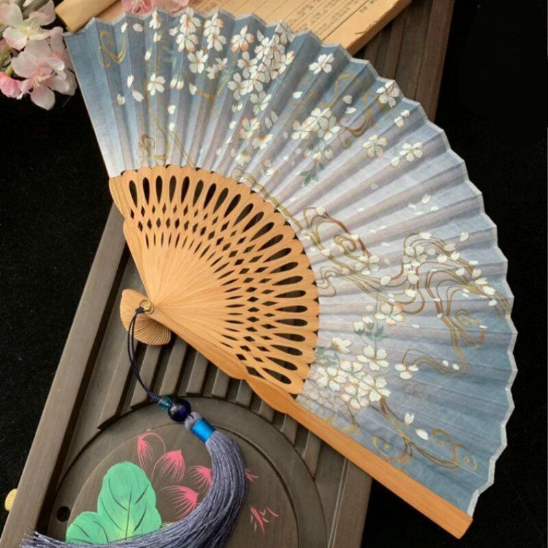 Classical Cherry Blossoms Japanese Cloth Folding Hand Fan Portable Dance Crafts