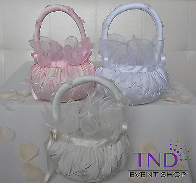 Wedding Ceremony Satin Flower Girl Basket With Organza Flowers And Pearl Centers
