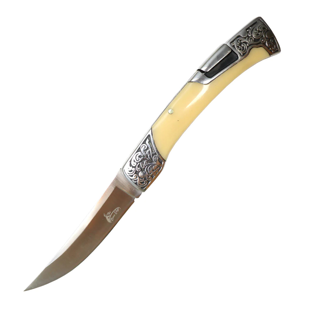 Theboneedge 8.5" Yellow Resin Handle Engraved Design Folding Knife 3cr13 Stainle