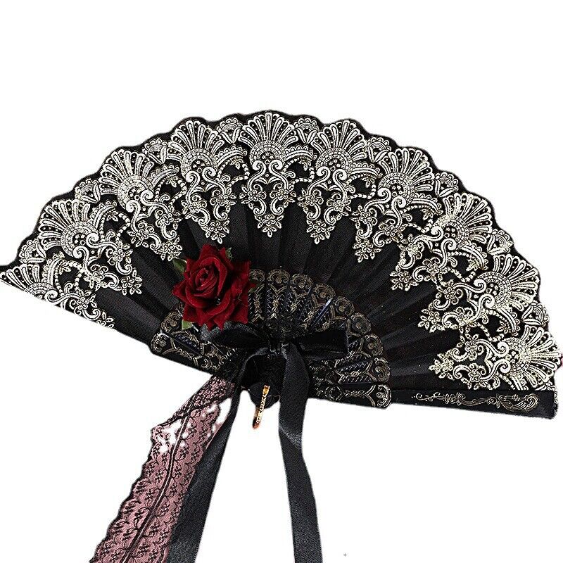 Retro Steampunk Gothic Lolita Lace Folding Fan Rose Wedding Decor Cosplay Props
